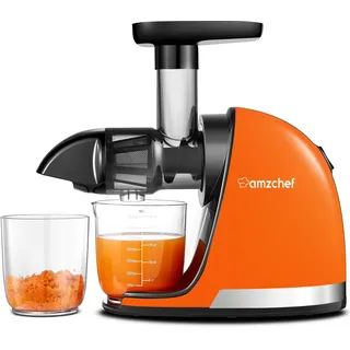 AMZCHEF Entsafter Gemüse und Obst Testsieger - Entsafter Slow Juicer mit Rückwärts-Kau-Funktion - Zartes Zerkleinern ohne Filtern - Saftpresse Elektrisch mit Bürste und 2 Tassen - Orange