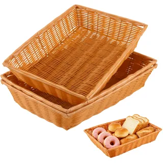 CHIHEUNG 3 Stück Brotkorb Geflochten 40x30x8 cm - Brötchenkorb Rechteckig groß, Stapelbarer Weidenkorb aus Poly-Rattan, Flechtkorb Aufbewahrung& Küchenorganizer für Hotel, Restaurant & Zuhause