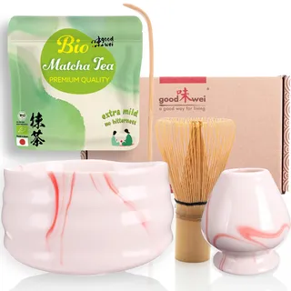 Goodwei BIO Matcha aus Japan im Matcha-Set komplett mit hochwertiger Matcha Schale aus Keramik, Matcha Besen und Besenhalter | Geschenkset für Teezeremonie (Pink Marmor)