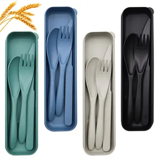 OMJMYY 4 Plastik Camping Besteck Mehrweg Reisebesteck mit Etui Tragbare Plastikbesteck mit Löffel Messer Gabel, Camping Besteckset Campingbesteck für Picknick, Reisen, Schule, Büro & Outdoor
