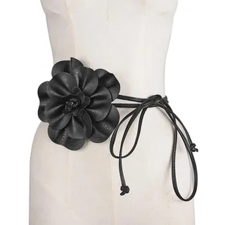 CALFOVERA 6mm Schmaler Taillengürtel Aus PU Leder Schwarz Boho Blumen Lederseil Quastenbund Dünn Elegant Großer Blumendekor Gürtel Schmales Taillenband Für Damen Hemden Hochzeit