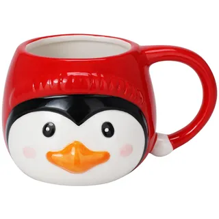 MIJOMA Weihnachtstasse 370ml aus Dolomit - Tasse im festlichen 3D-Design mit rotem Henkel - Weihnachtsbecher für Kakao & Kaffee (Pinguin)
