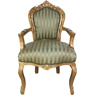Casa Padrino Barock Esszimmer Stuhl Grün / Creme Streifen / Gold mit Armlehnen - Antik Möbel - Grün