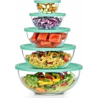 Vtopmart 5er Set Salatschüssel mit Deckel, Stapelbare Rührschüssel Glas, 3.3L/2L/1L/0.47L/0.19L, BPA-Frei, Spülmaschinenfest & Mikrowellengeeignet (ohne Deckel), für Salat, Obst (Grün)