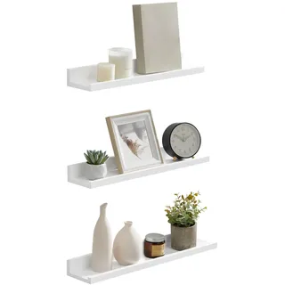 SONGMICS Wandregal, Schweberegal, 3er Set, 10 x 38 cm, Wandboard für Bilderrahmen und Bücher, Bilderregal für Wohnzimmer, Schlafzimmer, Bad, Küche, mattweiß LWS38WT