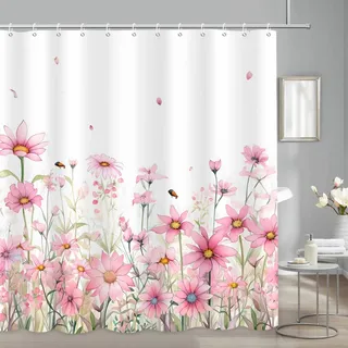 APROPHIC Duschvorhang Blumen 180x180cm, Duschvorhänge Rosa Badevorhang, Sommer Pflanzen Flowers Duschvorhänge Badewanne, Duschvorhang Textil mit 12 Haken