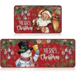 Teppich Weihnachten,Weihnachtsmann Küchenmatte,Weihnachts Schneemann-Matte,Schmutzabweisende und rutschfeste Küchenmatte für Indoor Outdoor Urlaub Dekorationen Küche Wäsche,2Stück,40x60 cm & 40x120 cm