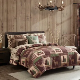 HowPlumb Quilt 2 oder 3-teiliges Set Rustikal Kabine Lodge Deer und Bär Überwurf Tagesdecke, Polyester-Mischgewebe, Green, Brown, Tan, Queen