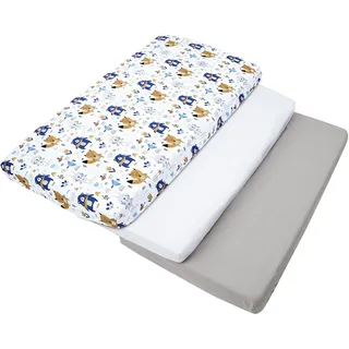 Medi Partners Spannbettlaken 60x120 3-Pack Baby Bettlaken Kinderbett Spannbetttuch 100% Baumwolle - Fitted Kinder Sheet Bettwäsche Babymatratze Schlafsack Babybett (Boho Animals-Weiß-Graue)