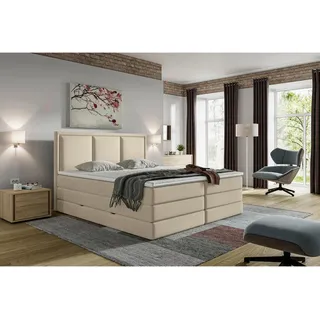 Mid.you Boxspringbett , Beige , Kunststoff , H2 + H3 , 7-Zonen , Höhe ca. 18 cm , 200x200 cm , Bettkasten, gepolstertes Kopfteil, Topper durchgehend, Wendematratze mit unterschiedlichen Härtegraden, in verschiedenen Größen erhältlich , Schlafzimmer, Betten, Doppelbetten
