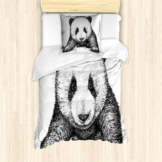 ABAKUHAUS Panda Bettbezug Set, Baby Panda Bär Illustrations Skizzen Art Grafik Asiatische Natur Wildes Tier Thema, 135 x 200 cm + 80 x 80 cm, Weiß Schwarz