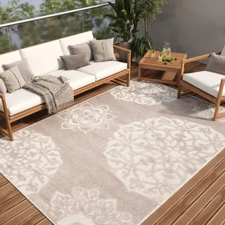 TAPISO Patio Teppich Outdoor Indoor Beige Grau Blumen Ornament 300 x 400 cm | strapazierfähiger Teppich UV-beständig Flachgewebe Sisaloptik Robust Wetterfest Terrasse Wintergarten Balkon OEKO-TEX
