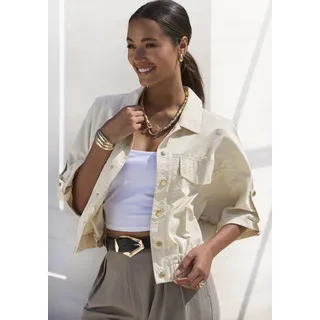 Blouson LASCANA "aus leichter Webware mit 3/4-Ärmeln", Damen, Gr. 36/38, sand, Web, Obermaterial: 65% Polyester, 35% Polyamid, unifarben, figurumspielend hüftlang, mit Riegel, Jacken Blouson, Sommerjacke, leichte Übergangsjacke, Safarijacke, kurze Blousonjacke, Topseller