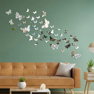 Swirlcolor Schmetterling Wandaufkleber 48 Stück Spiegel Schmetterlinge Silber Glänzend Hohl Acryl 3D Schmetterling Aufkleber für DIY Wände