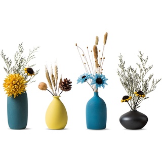 Sziqiqi Kleine Keramikvasen für Blumen Dekoratives Vasen-Set für Wohnzimmer Mini Handgemachte Matte Vasen für Tischdekoration Moderne Marine Grün Gelb Himmelblau Schwarz Farbe Vasen Set von 4