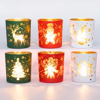 Romcanmy Teelichthalter Weihnachten, 6er Set Rot Grün Weiß Windlicht Glas mit Weihnachtsbaum Rentier Schneeflocke Muster, Modern Kerzenhalter Glas für Weihnachtstisch Deko, Party, Winter, Kamin, 7x8cm