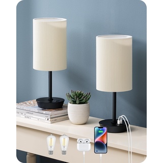 EDISHINE LED Nachttischlampe Touch Dimmbar 2er Set, Tischlampe Modern, Kleine Lampe, mit Ladefunktion, 2 USB Anschlüsse, mit Kabel, für Schlafzimmer, Wohnzimmer, Fensterbank, Geschenk, Schwarz