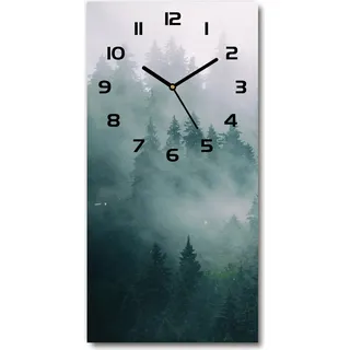 Wanduhr aus Glas – 30x60 cm - Glasbild - Glasuhr - Gehärtetes Glas -Nebel über dem Wald - Grau