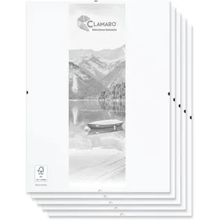 CLAMARO 'N°1' Rahmenloser Bilderrahmen Cliprahmen 5 Stk. 21x29,7 cm (DIN A4) | Moderner Bildhalter für stilvolle Gallerie Präsentationen mit weiß laminierter MDF-Holz Rückwand und Acrylglasscheibe