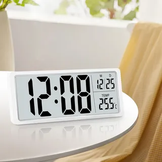 PORFOYODigital Groß, Wanduhr Mit Temperaturanzeige, Datum/Temperaturanzeige, °C/°F, 20 * 8CM, Funkuhr Wohnzimmer (Sie können EIN Datenkabel oder den Akku verwenden)