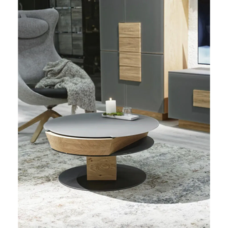 Voglauer Couchtisch , Grau, Eichefarben , Holz, Glas , Wildeiche , furniert, massiv , rund , Bodenplatte, Sockel , 80x38-58x80 cm , Goldenes M, Made in Austria , Stauraum, höhenverstellbar , Holzmöbel, Holztische, Wohnzimmertische Holz, Couchtische Holz