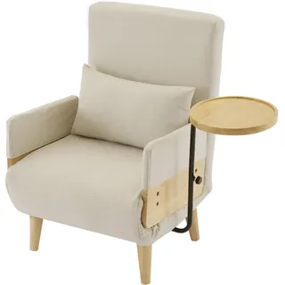 Wishdor Schlafsessel Leinen Beige mit Schlaffunktion, Kissen und Holztablett , Beige, Naturfarben , Rechteckig , 66x88x74.5 cm , Wohnzimmer, Sessel, Polstersessel