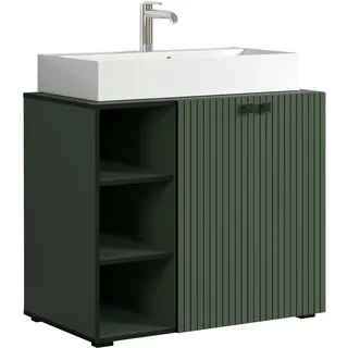 trendteam smart living - PureBliss - Waschbeckenunterschrank - Grün - Rillenoptik - 3 offene Fächer + 1 Einlegeboden + 80cm Aufsatzwaschbecken - (BxHxT) 90 x 91 x 53cm - edle Metallgriffe