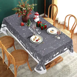 Yrendenge Weihnachtstischdecke Grau Tischdecke Abwaschbar Outdoor Tischtuch Rechteckig wasserdichte, Cartoon Häuser Elch Tablecloth für Winter Ferien Wohnkultur, Weiß 140 x 200 cm