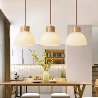 Azanaz Moderne Industrial Pendelleuchte 3-flammig aus Holz mit Glas-Dekor, verstellbares Kabel E27 Hängeleuchte für Wohnzimmer, Esszimmer, Büro & Hotel