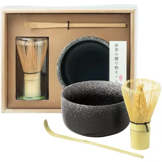 Jade Temple Matcha Tee Set, 3-teilig, grau, mit Matcha Besen aus Bambus, Bambuslöffel und Porzellanschale, asiatisches Set für Matche Tee Liebhaber, 1 Set