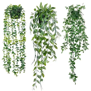 Sggvecsy Künstliche Eukalyptus-Hängepflanzen im Topf, Eukalyptus-, Mandala- und Erbsenschotenranken für Zuhause, Innenbereich, Außenbereich, Wand, Garten, Hochzeitsdeko, 3er-Pack