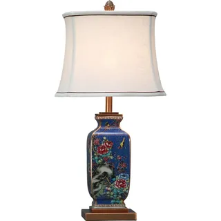 Fine Asianliving Chinesische Tischlampe Porzellan mit Lampenschirm E27 Orientalische Tischleuchte Keramik Nachttischlampen Schlafzimmer Wohnzimmer - Blau
