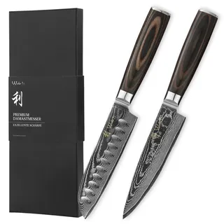 Wakoli EDIB Essentials Küchenmesser Set - 12cm & 13cm Damastmesser Set aus 67 Lagen - Holzgriff - Scharfe Messer in Geschenkbox & Fingerschutz - Kochmesser und Santoku Messer - Küchenmesser & -sets