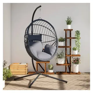 vidaXL Hängesessel Ei-Design mit Ständer Grau Rattan und Stahl - Grau