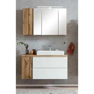 Waschplatzset inkl. Keramik-Aufsatzbecken rechts und LED Beleuchtung, Wotan Eiche Nb. mit weiß matt, VASTO-03-WHITE, B/H/T ca. 105/200/47 cm - Weiß