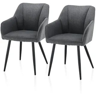 TUKAILAI Esszimmerstühle 2er Set aus Leinen,Küchenstuhl Polsterstuhl Armlehnstuhl mit Armlehnen,Rückenlehnen,weiche Sitzpolster,Metallbeinen,Modern Sessel für Küche Esszimmer Wohnzimmer,Dunkelgrau