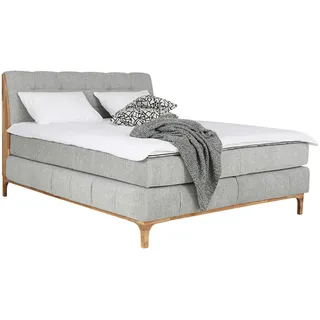 Mid.you Boxspringbett , Silberfarben , Textil , Eiche, Buche, Eiche , massiv, teilmassiv , H3 + H4 , 7-Zonen , 160x200 cm , Fsc , gepolstertes Kopfteil, Federkernmatratze, Stoffauswahl, Topper durchgehend, in verschiedenen Größen erhältlich, Partnermatratze mit durchgehendem Bezug, Matratze in verschiedenen Härtegraden erhältlich, sichtbare Massivholzteile, Härtegradauswahl , Holzmöbel, Holzbetten, Boxspringbetten Holz