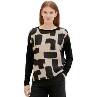 TOM TAILOR Damen Basic Langarmshirt mit Muster, beige geometric print design, M