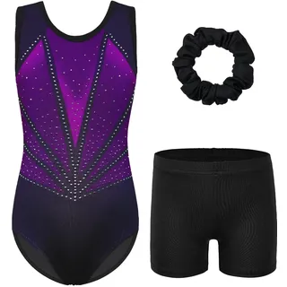 ZNYUNE Turnanzug mädchen Shorts Bunte Funkeln Gymnastik Trikots Farbverlauf Gymnastikanzug für Mädchen Strass B381 BlackPurple 8A