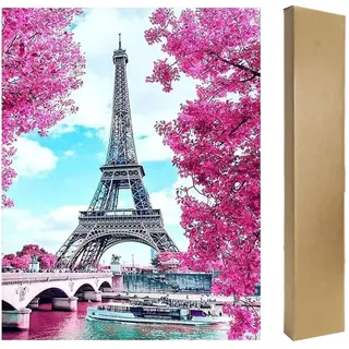 DCIDBEI 5D DIY Square Diamond Painting Eckige Steine 40x50 cm Diamant Puzzle Stickerei Kreuzstich Malen nach Zahlen Erwachsene 5D Diamant Painting Groß Landschaft Eiffelturm Paris Kirschblüten