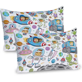 ABAKUHAUS Weltraum Kissenbezug Packung mit 2, Netter Weltraum-Astronaut-Mädchen-Junge Aliens Rockets auf Mond scherzt Kinderzimmer-Thema, Dekorativer Gedruckter Kissenbezug, 80x40 cm, Mehrfarbig