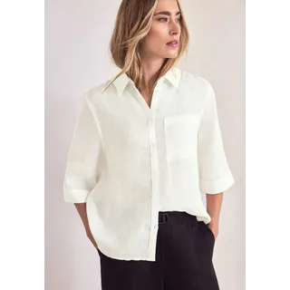 Shirtbluse STREET ONE, Damen, Gr. 44, weiß (sanftes weiß), Web, Obermaterial: 100% Leinen, unifarben, normal hüftbedeckend, Rundhals, abgesteppte Kante mit Knöpfen, Blusen Shirtbluse, 3/4-Arm Sommerbluse aus Leinen