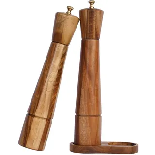 DeroTeno Salz- und Pfeffermühlenset mit Mühlenuntersetzer, Verstellbare Keramikmahlwerk Salzmühle, Edelstahlmahlwerk Pfeffermühle, Akazienholz, 32 cm Höhe, Boden DIA 6 cm