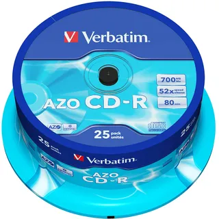 Verbatim CD-R AZO Crystal 700 MB, 25er Pack Spindel, CD Rohlinge, 52-fache Brenngeschwindigkeit mit langer Lebensdauer, leere CDs, Audio CD Rohling, für Fotos & Videos & Dokumente