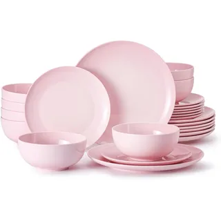 HIKAA Geschirrset 8 Personen, 24-Teiligs Knochenporzellan Geschirr Set, Teller Set Mikrowellen und Spülmaschinenfest, Tafelservice für Zuhause, Hochzeiten, Kombiservice Leicht und Langlebig (Rosa)