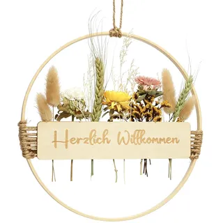 Trockenblumenkranz, 25 * 25cm Willkommen Türkranz Deko, Türkranz Sommer Boho Türdeko Ganzjährig Willkommensschild Haustür Hängedeko Trockenblumen Kranz für Wand Fenster Hochzeit Wohnzimmer Deko