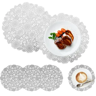 Spldsun Set von 6 PVC Tischset Rund und Untersetzer - Silber Hohle Platzset für Rutschfeste, Kratzfeste, Dekorative Tische