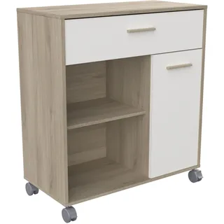 Demeyere Servierwagen auf Rollen, weiß – Wagen mit 1 Tür und 1 Schublade mit Stauraum – ideal für die Mikrowelle – Farben Eiche und Weiß – 81 x 40 x 89 cm