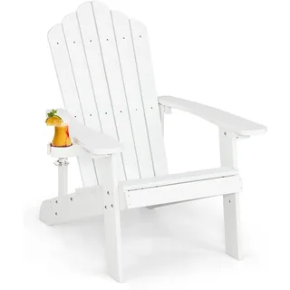 FANTASK Adirondack Stuhl mit Getränkehalter, wetterfester Gartenstuhl, Gartensessel aus Kunststoff, Weiß