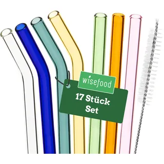 Wisefood® Glasstrohhalme Strohhalme Ø 10 mm [14 Stk.] wiederverwendbare Strohhalme Glas mit 2 x Strohhalm Bürste [bunt] Trinkhalme Glas mit Strohhalm [Size 21,5 cm] Straws lang | Glasstrohhalm kurz